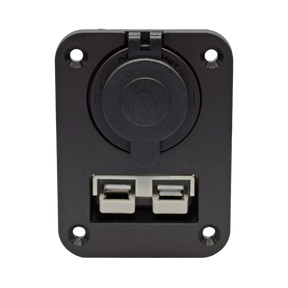 Rekcharge 12V dual flush mount panel front view with the socket cap closed above a grey 50A Anderson plug.