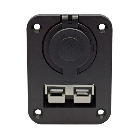 Rekcharge 12V dual flush mount panel front view with the socket cap closed above a grey 50A Anderson plug.