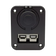 Rekcharge 12V dual flush mount panel front view with the socket cap closed above a grey 50A Anderson plug.