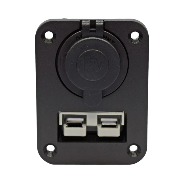 Rekcharge 12V dual flush mount panel front view with the socket cap closed above a grey 50A Anderson plug.