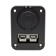 Rekcharge 12V dual flush mount panel front view with the socket cap closed above a grey 50A Anderson plug.