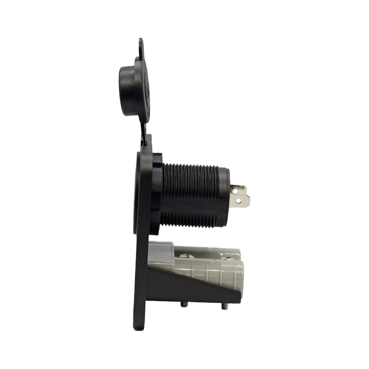 Rekcharge 12V dual flush mount panel side view with the threaded socket housing and Anderson plug behind the plate.