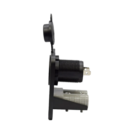 Rekcharge 12V dual flush mount panel side view with the threaded socket housing and Anderson plug behind the plate.