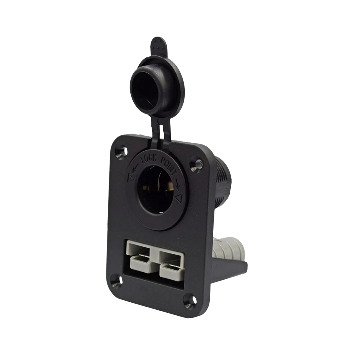 Rekcharge 12V dual flush mount panel in a front right view with the socket cap open and Anderson plug below.