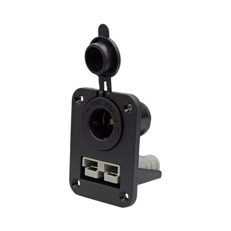 Rekcharge 12V dual flush mount panel in a front right view with the socket cap open and Anderson plug below.