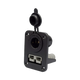 Rekcharge 12V dual flush mount panel in a front right view with the socket cap open and Anderson plug below.