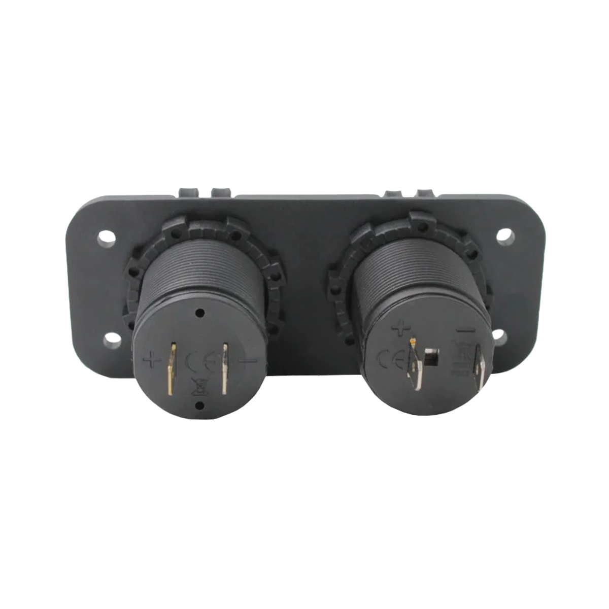 Rekcharge 12V cigarette lighter and twin USB panel rear view with two pairs of spade terminals.