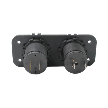Rekcharge 12V cigarette lighter and twin USB panel rear view with two pairs of spade terminals.