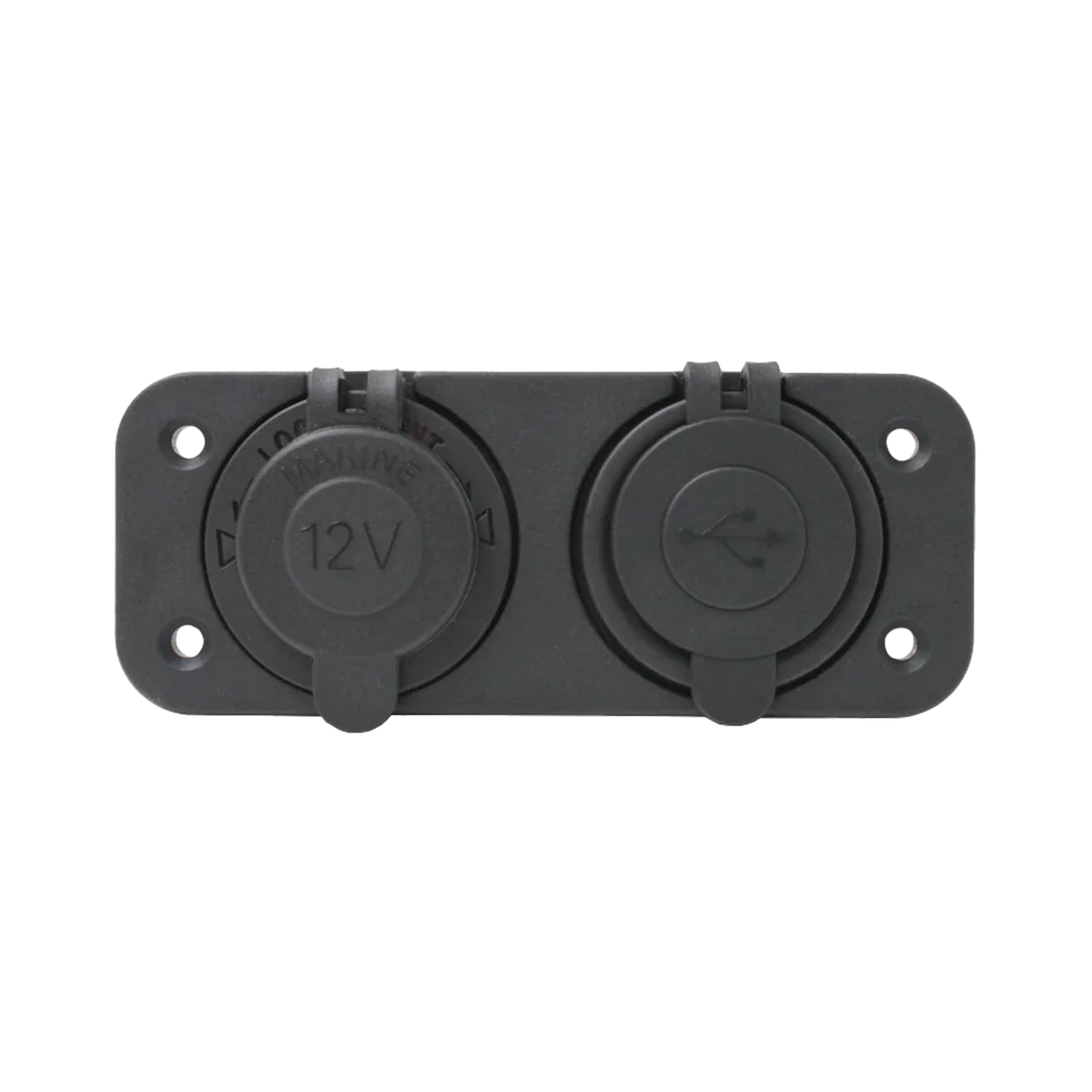 Rekcharge 12V cigarette lighter and twin USB panel front view with both protective caps closed.