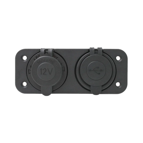 Rekcharge 12V cigarette lighter and twin USB panel front view with both protective caps closed.