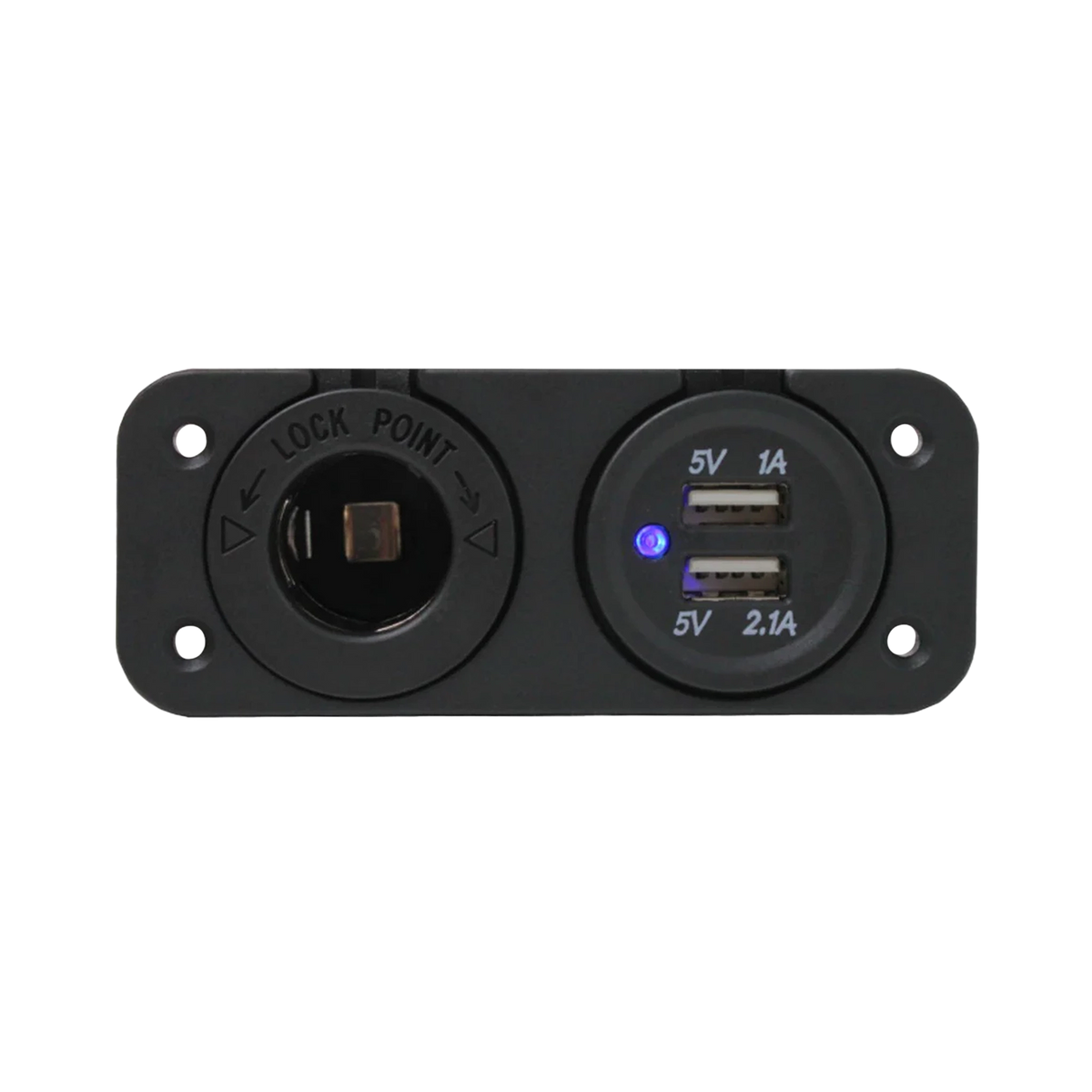 Rekcharge 12V cigarette lighter and twin USB panel front view with uncovered sockets and a lit blue indicator.