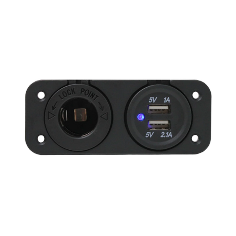 Rekcharge 12V cigarette lighter and twin USB panel front view with uncovered sockets and a lit blue indicator.