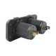 Rekcharge 12V cigarette lighter and twin USB panel in an angled rear view with mounting nuts and terminals.