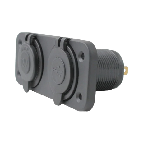 Rekcharge 12V cigarette lighter and twin USB panel in a front right view with both caps closed.