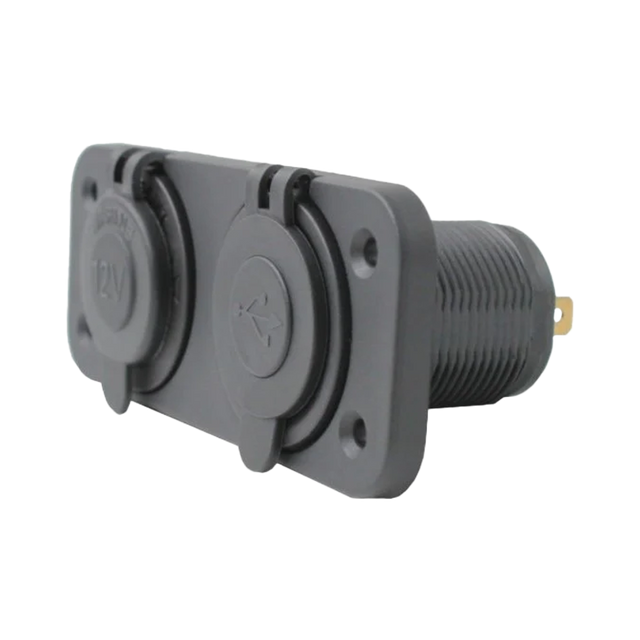 Rekcharge 12V cigarette lighter and twin USB panel in a front right view with both caps closed.