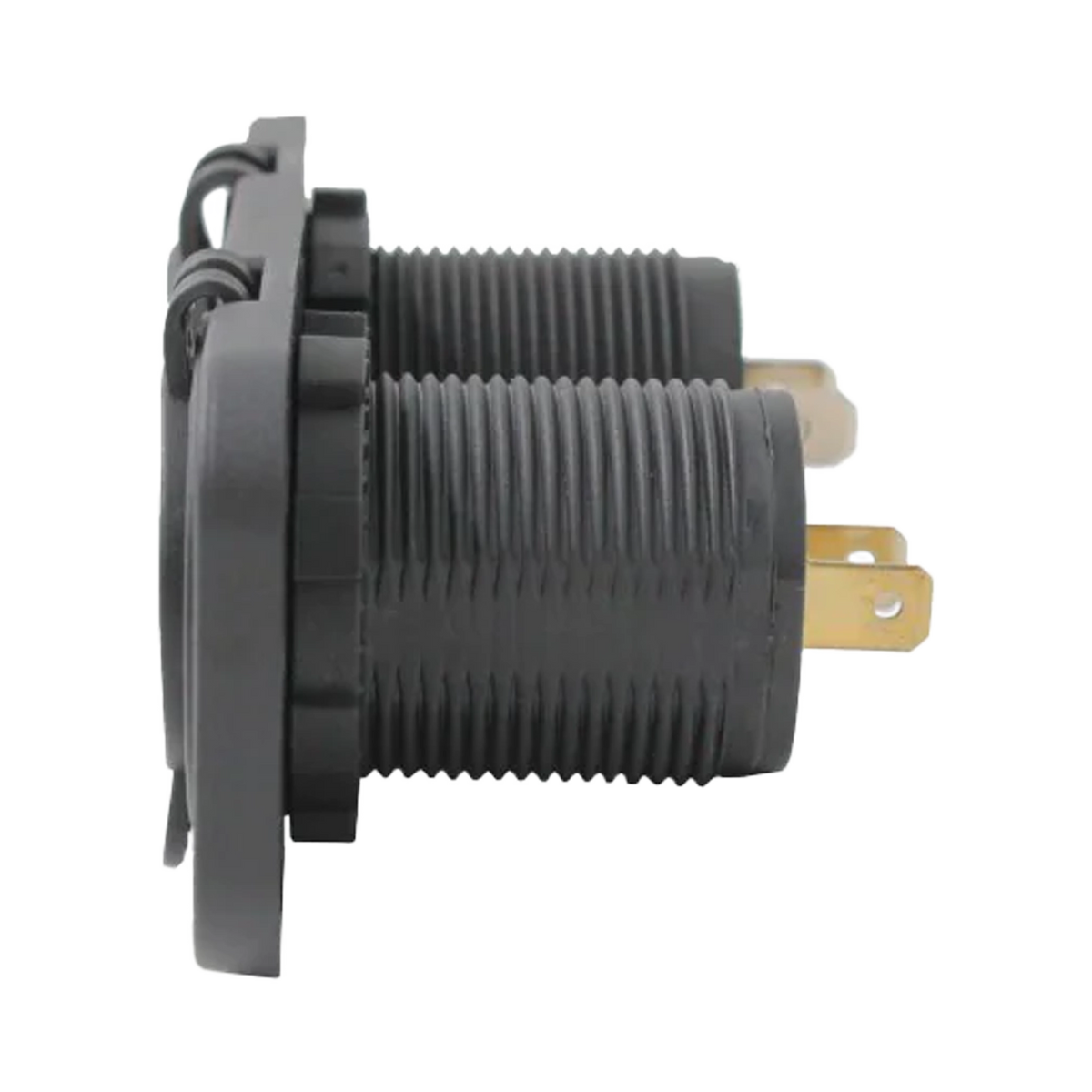 Rekcharge 12V cigarette lighter and twin USB panel side view with threaded bodies and rear terminals.
