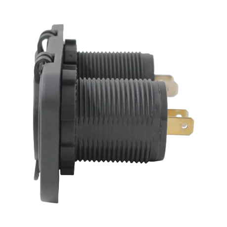 Rekcharge 12V cigarette lighter and twin USB panel side view with threaded bodies and rear terminals.