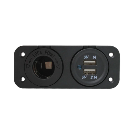 Rekcharge 12V cigarette lighter and twin USB panel front view with both USB ports and the round socket exposed.
