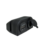 Rekcharge 12V dual surface mount socket and voltmeter in a front left view with the socket cap open.