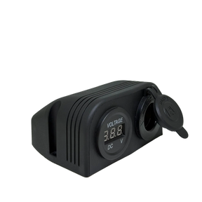 Rekcharge 12V dual surface mount socket and voltmeter in a front left view with the socket cap open.