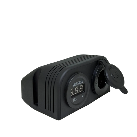 Rekcharge 12V dual surface mount socket and voltmeter in a front left view with the socket cap open.