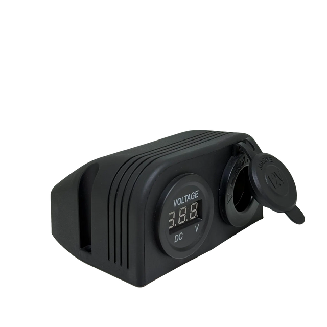 Rekcharge 12V dual surface mount socket and voltmeter in a front left view with the socket cap open.