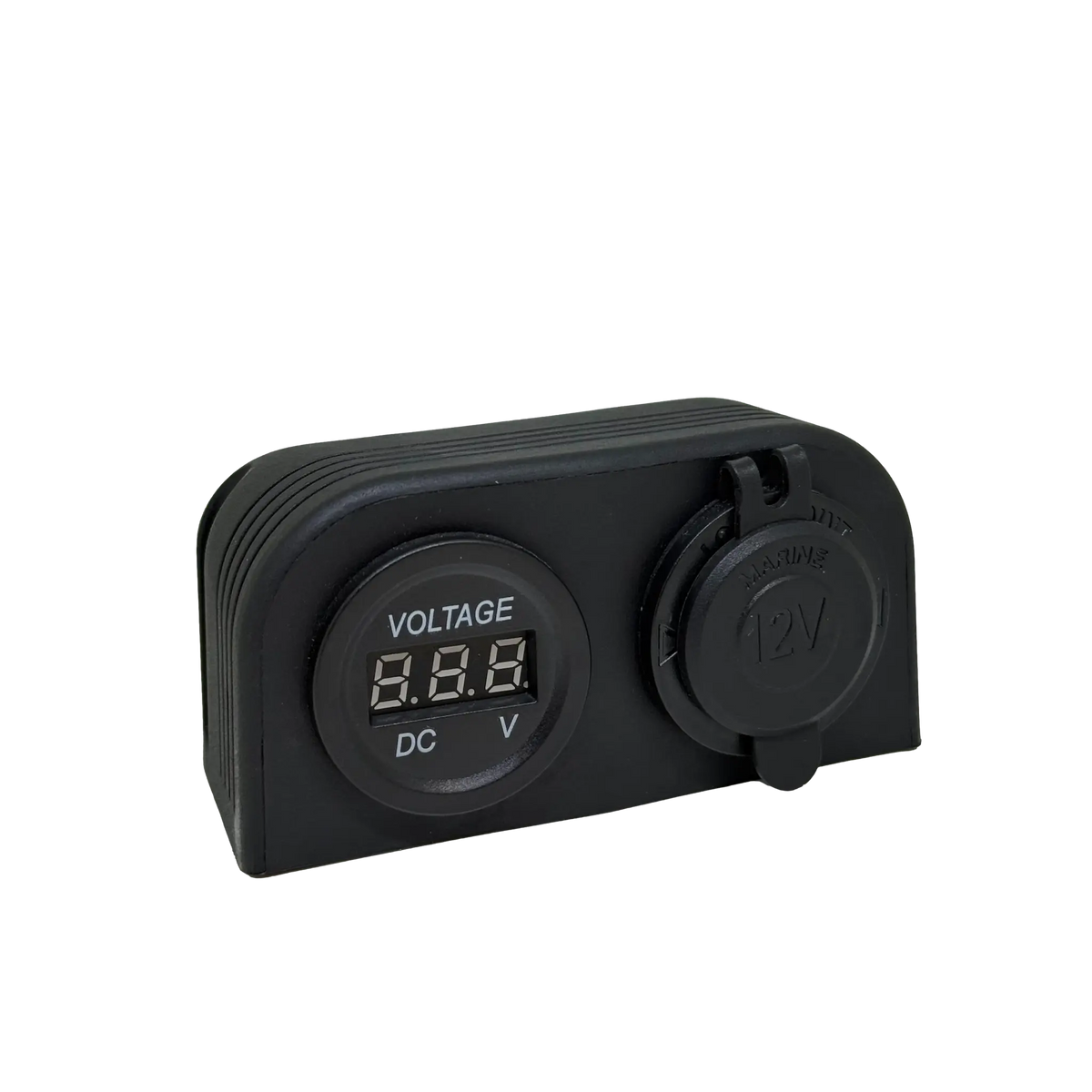 Rekcharge 12V dual surface mount socket and voltmeter front view with the socket cap closed.