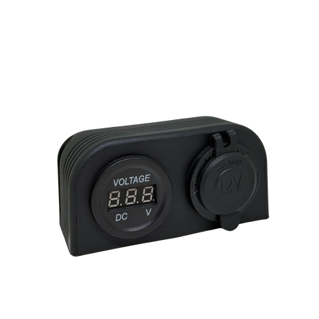 Rekcharge 12V dual surface mount socket and voltmeter front view with the socket cap closed.