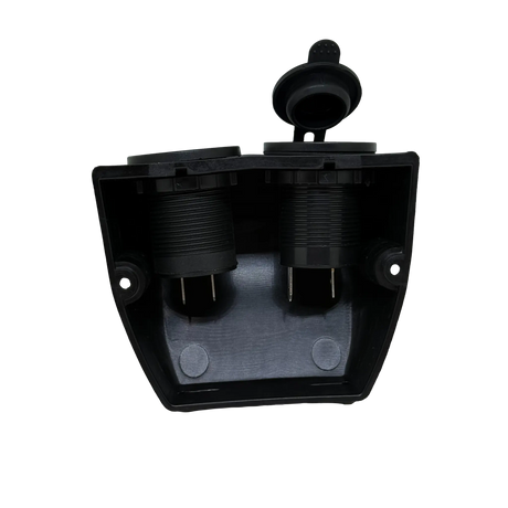 Rekcharge 12V dual surface mount socket and voltmeter underside view with the wiring terminals exposed.