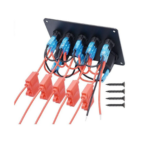 rekcharge-12v-flush-mount-multi-panel-w-5-toggle-switches-twin-usbs-cigarette-lighter-socket-voltmeter-back-wires