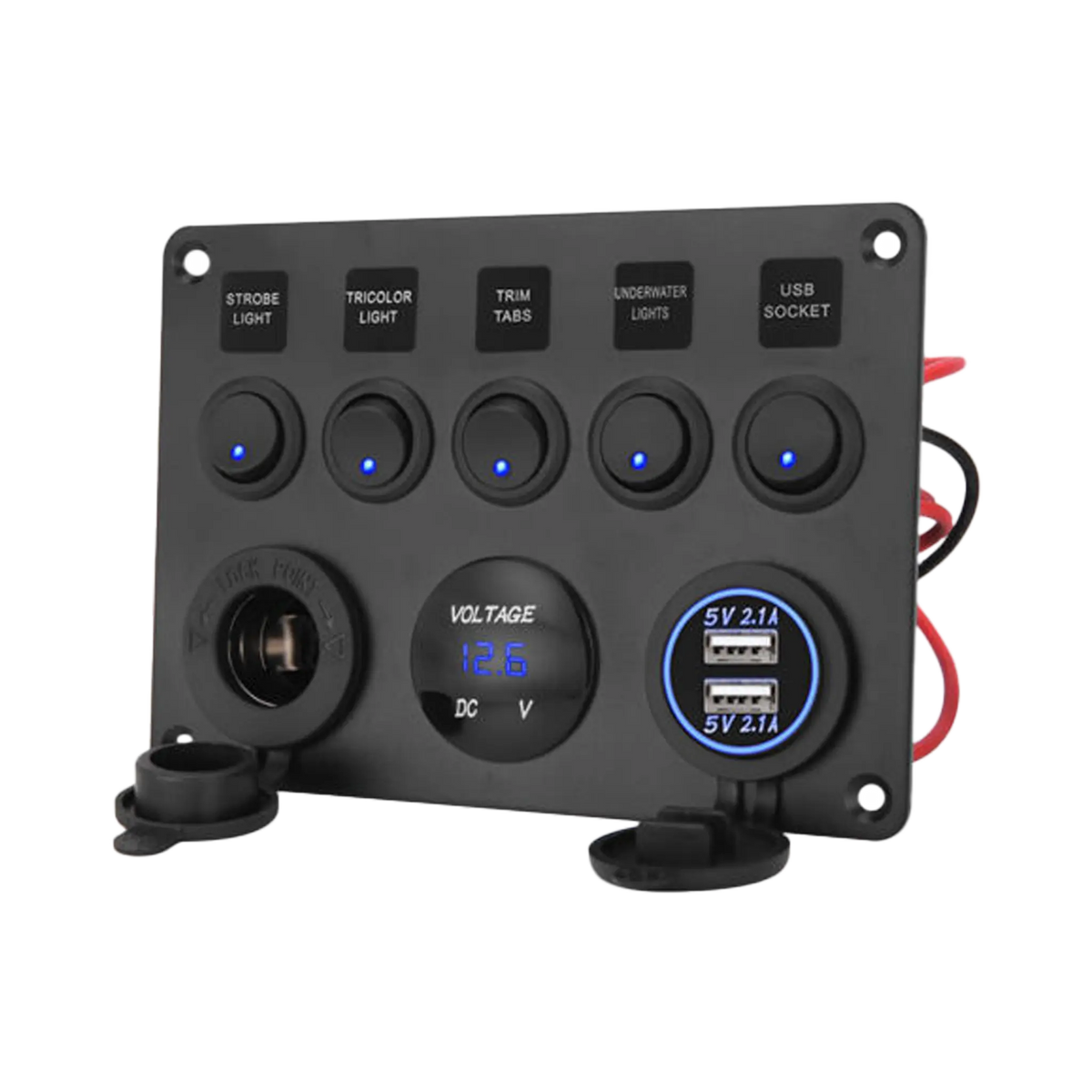 rekcharge-12v-flush-mount-multi-panel-w-5-toggle-switches-twin-usbs-cigarette-lighter-socket-voltmeter-front-angled