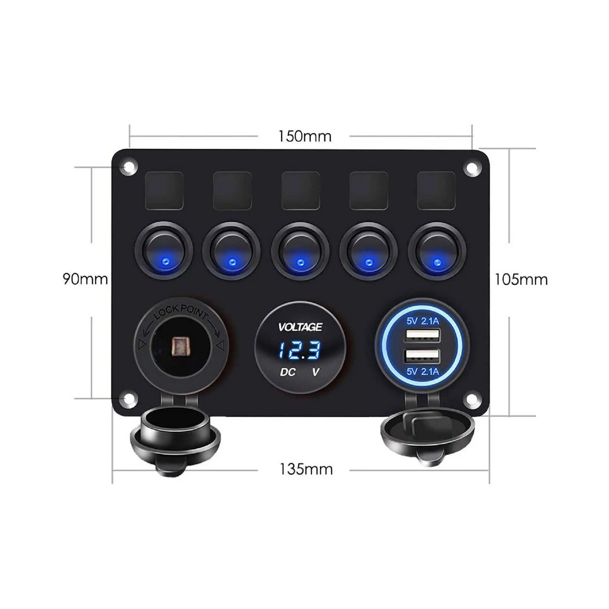rekcharge-12v-flush-mount-multi-panel-w-5-toggle-switches-twin-usbs-cigarette-lighter-socket-voltmeter-illustrations