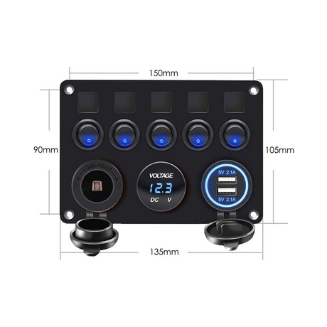 rekcharge-12v-flush-mount-multi-panel-w-5-toggle-switches-twin-usbs-cigarette-lighter-socket-voltmeter-illustrations