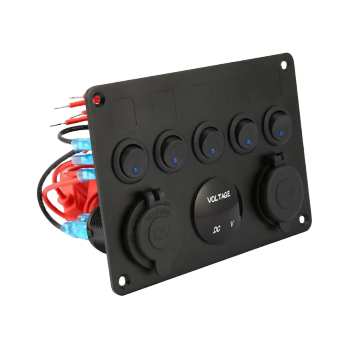 Rekcharge 12V Flush Mount Multi-Panel with 5x Toggle Switches, Twin USBs, Cigarette Lighter Socket & Voltmeter