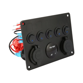 Rekcharge 12V Flush Mount Multi-Panel with 5x Toggle Switches, Twin USBs, Cigarette Lighter Socket & Voltmeter