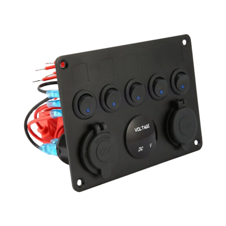Rekcharge 12V Flush Mount Multi-Panel with 5x Toggle Switches, Twin USBs, Cigarette Lighter Socket & Voltmeter