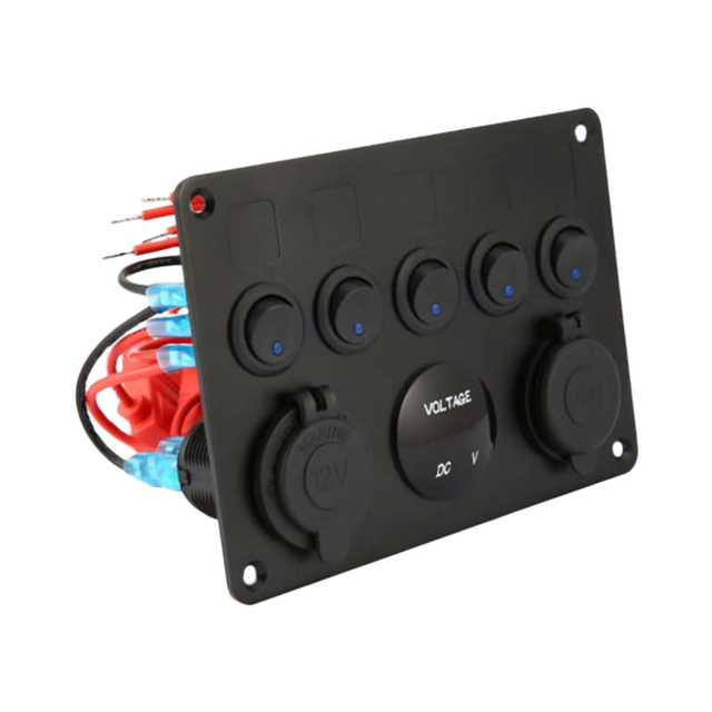 Rekcharge 12V Flush Mount Multi-Panel with 5x Toggle Switches, Twin USBs, Cigarette Lighter Socket & Voltmeter