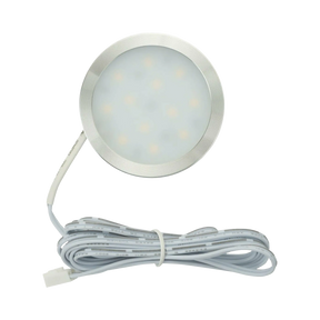 Rekcharge 12V silver cool white LED downlight front view with its round diffuser and coiled lead.