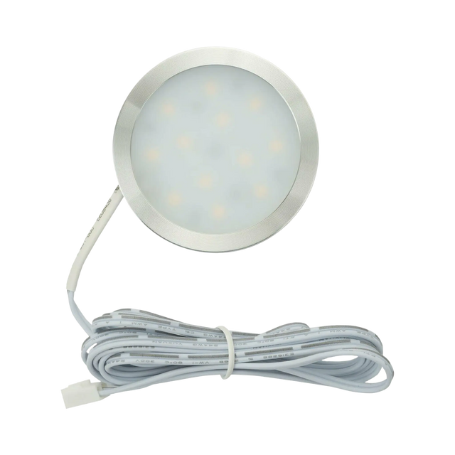 Rekcharge 12V silver cool white LED downlight front view with its round diffuser and coiled lead.