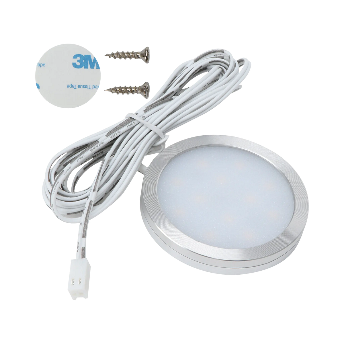 Rekcharge 12V silver cool white LED downlight with a coiled lead, two screws and an adhesive pad.
