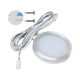 Rekcharge 12V silver cool white LED downlight with a coiled lead, two screws and an adhesive pad.