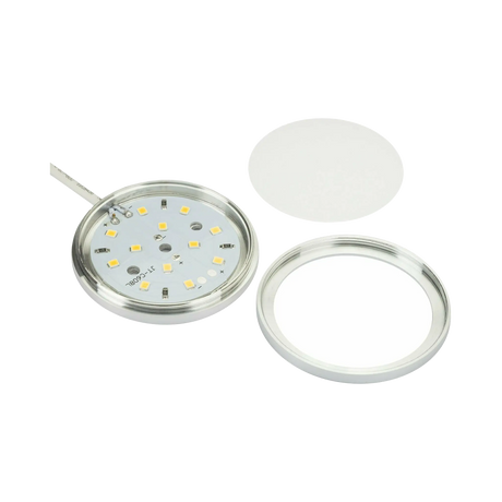 Rekcharge 12V silver cool white LED downlight with the diffuser and trim removed beside the exposed LEDs.