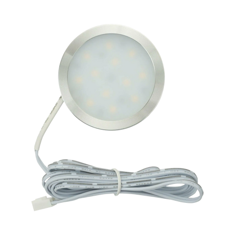 Rekcharge 12V silver warm white LED downlight front view with a round diffuser and coiled lead.