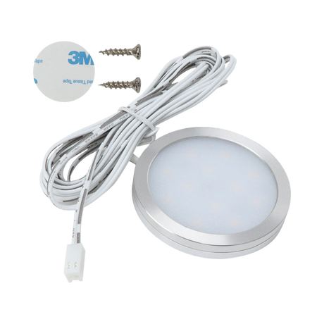 Rekcharge 12V silver warm white LED downlight beside two screws and a round adhesive pad.