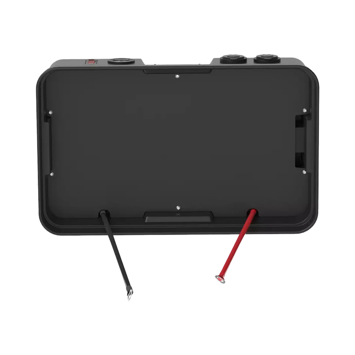 Rekcharge 12V portable battery box lid underside with positive and negative leads terminated with ring terminals.