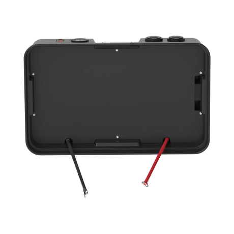 Rekcharge 12V portable battery box lid underside with positive and negative leads terminated with ring terminals.