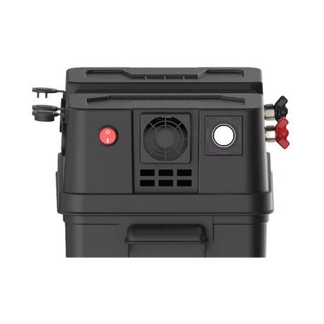 Rekcharge 12V portable battery box front close up with a red power switch, fan grille and LED light.