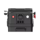 Rekcharge 12V portable battery box front close up with a red power switch, fan grille and LED light.