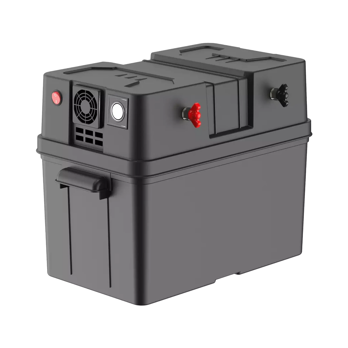 Rekcharge 12V portable battery box in a front right view with positive and negative side terminals.