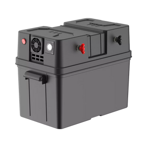 Rekcharge 12V portable battery box in a front right view with positive and negative side terminals.